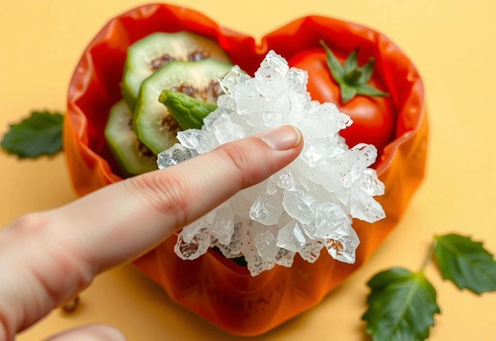 Eine Hand, die ein verstecktes Zuckermolekül in einem scheinbar gesunden Lebensmittel hervorhebt.