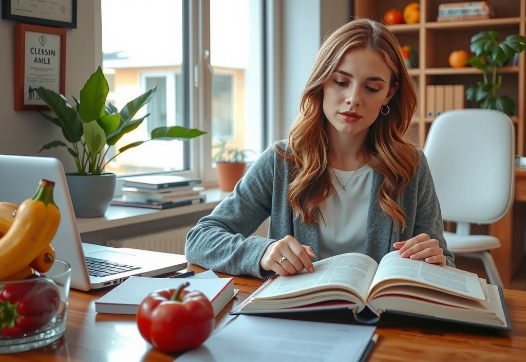 Frau studiert wissenschaftliche Ernährungsbücher